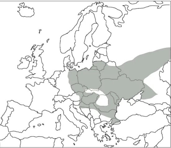 Figur 2. Ungefärlig utbredning av klockgroda i Europa, baserat på information redovisad på IUCN  (2006)