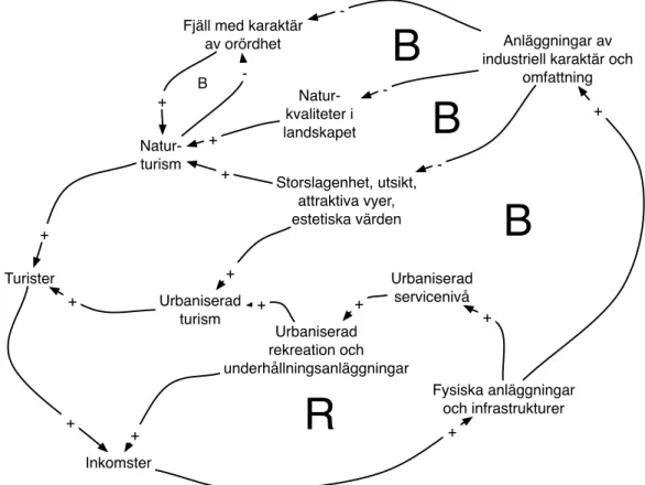 Fig. 4.11. Det första orsak-verkandiagrammet för delsystemet turism. Vi har delat in turism i  två huvudtyper: 1