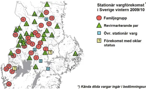 Figur 1. Bilden visar utbredningen av varg i Sverige vintern 2009/2010. 