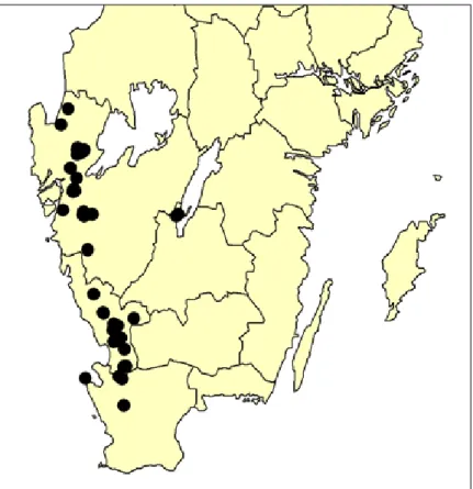Figur 2. Skirmossans (Hookeria lucens) kända utbredning i Sverige (februari 2010).   Karta: ArtDatabanken.