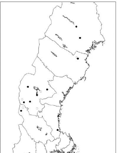 Figur 7: Elfenbenslavens utbredning i Sverige 2007. ● = aktuell lokal,   = tidigare känd lokal