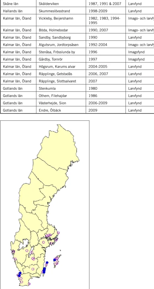 Figur 8. Utbredning av Gulfläckig igelkottspinnare i Sverige.   Blå prickar anger fynd fr.o.m