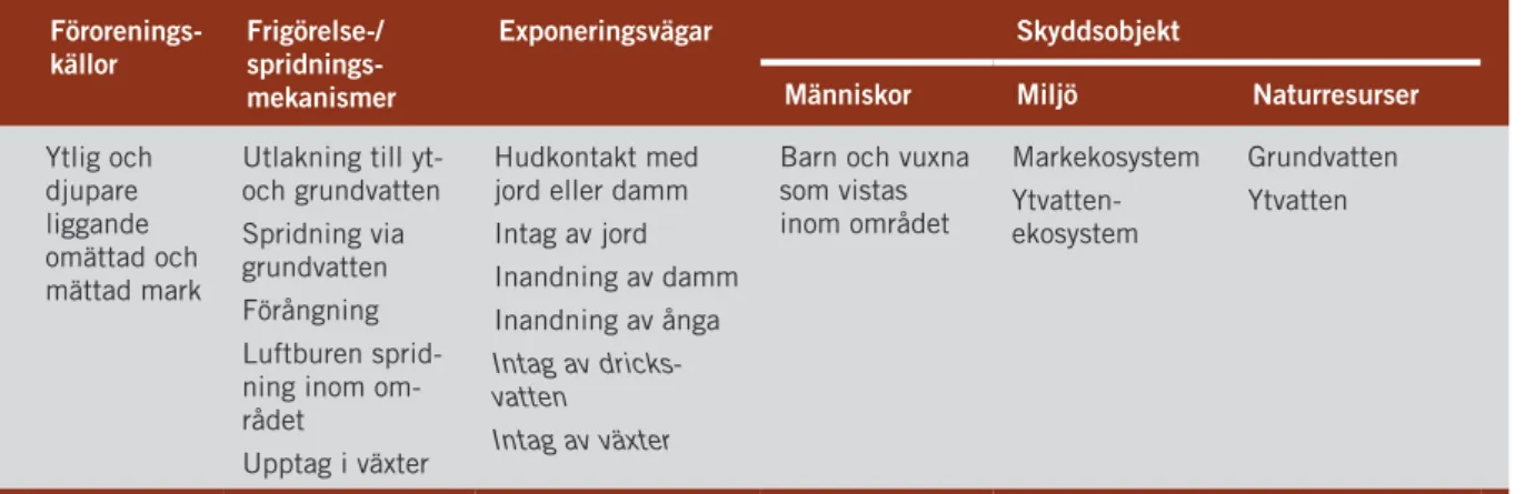 Tabell 4.2 visar exempel på hur problembeskrivningen för Natur vårds- vårds-verkets riktvärdesmodell för förorenad mark, med avseende på det  gene-rella scenariet känslig markanvändning, kan beskrivas i en konceptuell  modell