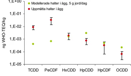 Figur 11. Beräknade halter samt uppmätta halter (± en standardavvikelse) i ägg (ng WHO-TEQ/kg  färskvikt; SLV 2002)