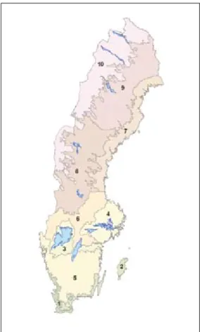 Figur 3. För att lägga ut NILS stickprovsrutor delades Sverige in i 10 geografiska strata