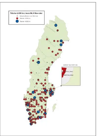 Figur 5. Befintliga NILS-landskapsrutor som innehåller tätorter. Blå cirkel visar 21 tätorter med fler  än 10 000 invånare som inkluderas delvis i NILS landskapsrutor på 5 x 5 kilometer