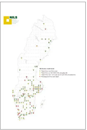 Figur 9. Fältinventeringspunkter i och i anslutning till tätorter inom de befintliga landskapsrutorna i  NILS