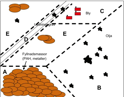 Figur 3-3. Schematisk bild av ett förorenat område. Föroreningen är heterogent fördelad över om- om-rådet