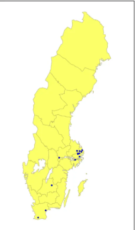 Figur 5. Aktuella lokaler (fynd mellan 1980 och 2006) för uddslinke i Sverige. Källa: ArtDatabanken.