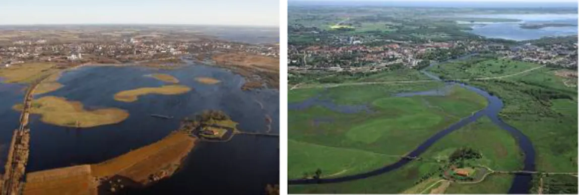 Figur 8 a och b. Flygbild över Helge å och Kristianstad vid högt respektive lågt vattenstånd 