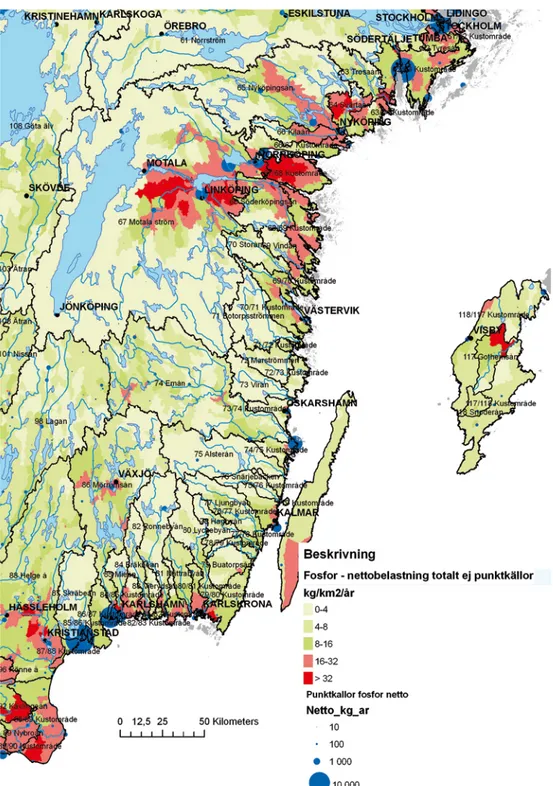 Figur 5. Exempel på modellberäkning av fosforläckage på delavrinningsområdesnivå i sydöstra  Sverige