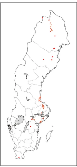 Figur 9. Geografisk fördelning av havsörnar som rapporterats dödade av tåg, 1993-2005