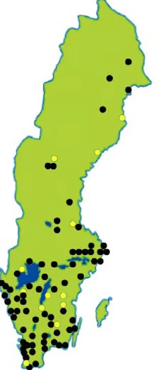 Figure 1 is a map of Sweden, showing production sites for timber treated with  KP Cuprinol and BP Hylosan