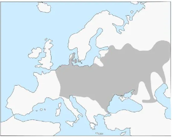 Figur 1. Ungefärlig totalutbredning av lökgroda i Europa. Utbredningen är baserad på lokaler  (punkter) redovisade i Gasc m fl