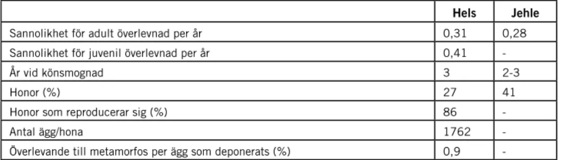 Tabell 1. Demografiska medelvärden för lökgroda baserat på studier av Jehle m fl. (1995) som  undersökte ett vatten i Österrike under fem år och Hels (2002) som undersökte fem vatten under  fyra år i Danmark.