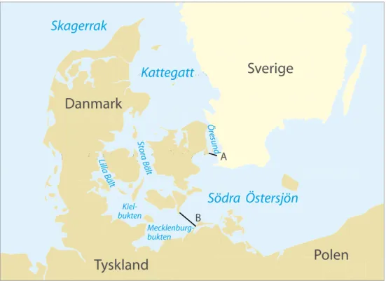 Figur 1. Karta över havsområdena kring Sverige. Undervattenströsklarna vid  Limhamn (A) och Darss (B) är markerade med svarta streck.