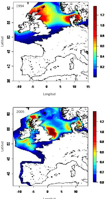 Figur 2. Beräknade tätheter av tumlare (antal djur per km2) i Nordsjön och angränsande hav i juli  1994 respektive 2005 (SCANS-ii 2008).