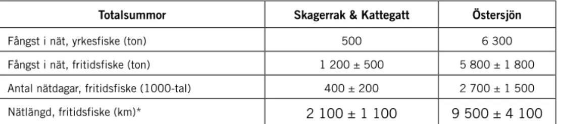 Tabell 2. Total fångst i yrkes- och fritidsfiske med nät, samt fritidsfiskets totala ansträngning med  nät i Skagerrak och Kattegatt under 2004.