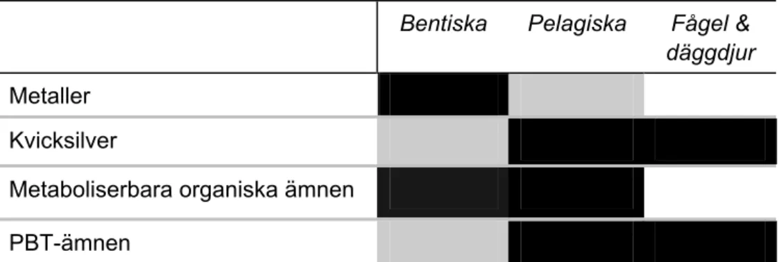 Figur 5. Kritiska skyddsobjekt för olika föroreningstyper. Figuren visar en allmän bild men i en- en-skilda fall kan andra prioriteringar krävas