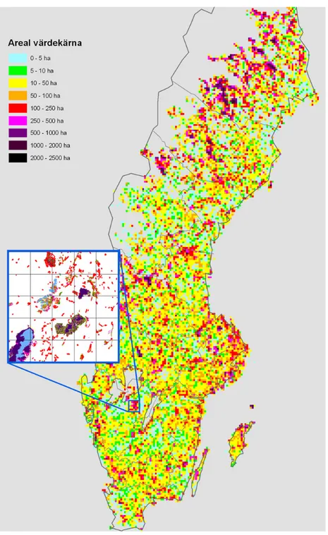 Figur 3. Areal värdekärna i skogsmark per ekonomiskt kartblad   (Naturvårdsverket 2005, rapport 5466)