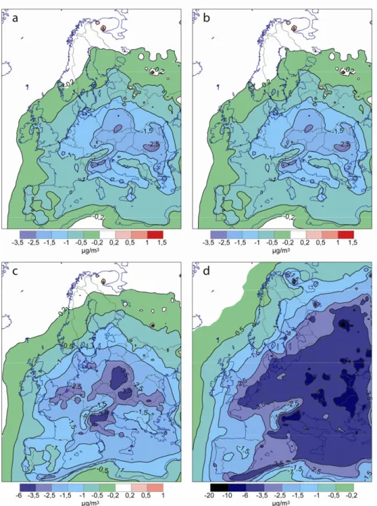 Figur 9.8 Förändring av årsmedelhalten av PM 2,5  mellan år 2010 och 2020. (a) Emis-