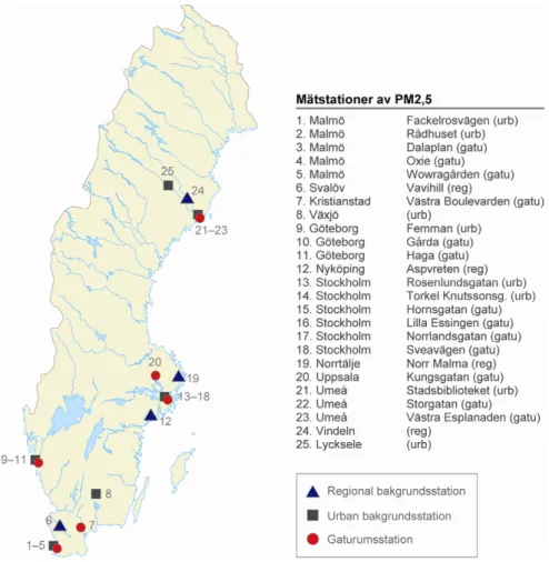 Figur 9.1    Geografisk fördelning över mätstationer i Sverige 65