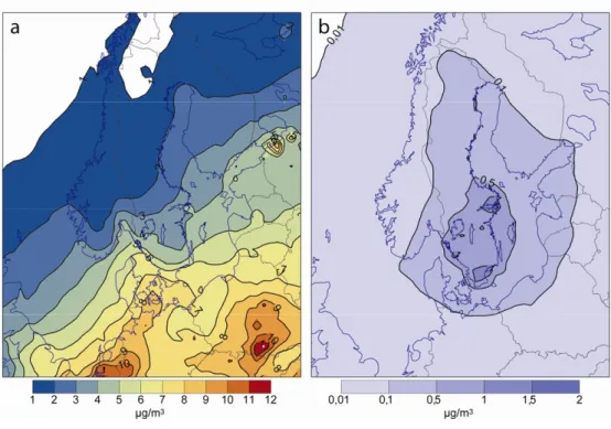 Figur 9.5    Beräknat årsmedelvärde av PM 2,5  i regional bakgrundsluft, för emissionskällor i 