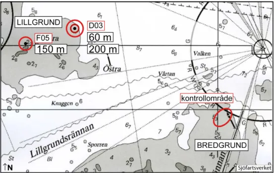 Figur 4. Karta över de två påverkansområdena D03 och F05 vid Lillgrund samt kontrollområdet på  Bredgrund i sydöstra Öresund