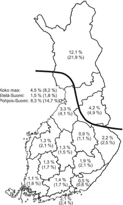 Figur 1. Andelen strikt skyddad skogsmark samt skogs- och tvinmark (inom parentes) av den totala arealen i olika skogscentralers verksamhetsområden, i hela landet samt i Södra och Norra Finland