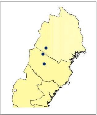Figur 1. Idag kända lokaler för grangyt-terlav i Sverige. Fyllda cirklar motsvarar lokaler där grangyt- grangyt-terlav återfanns vid en inventering år 2005