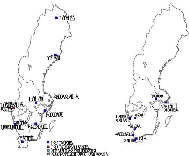 Figur 6. Kartor som visar platser där ozonhalterna i luften mäts med instrument  med timupplösning i lands- lands-bygdsmiljö (vänstra figurer) och urban bakgrundsmiljö (högra figuren)