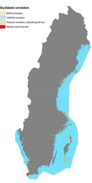Figur 1: Kartan ger en översikt över områden rapporterade till OSPAR, HELCOM och Ramsar och  vilka som skyddas som marina naturreservat