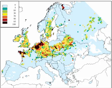 Figur 5.2. Karta över överskridande av kritisk belastning för försurning i skogsmark år 2020, i  procent av totala arealen, enligt Basscenario framtaget för EU:s tematiska strategi