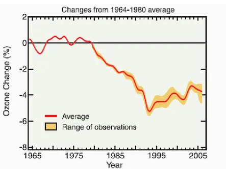 Figur 5.2 Förändringar i den globala ozonmängden mellan 1965 och 2005 i förhållande till medel- medel-värdet för ett opåverkat ozonskikt