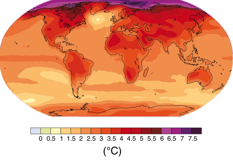 Figur SPM 6.  Projektioner över förändringar av jordytans temperatur för slutet av 2000-talet (2090–2099)