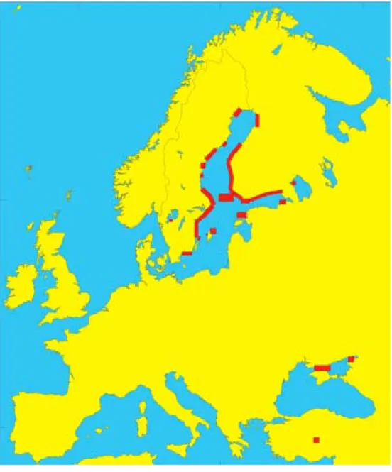Figur 4. Skräntärnornas aktuella häckningsutbredning i Europa 2005.
