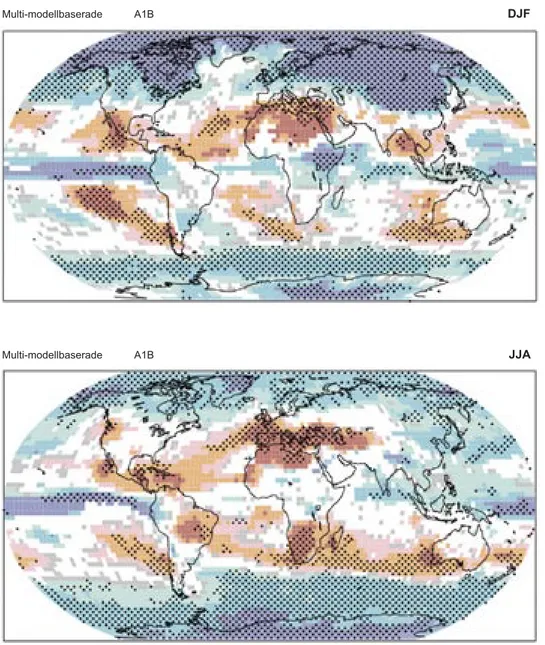Figur 2 Relativa förändringar av nederbörden för perioden 2090-2099 jämfört med 1980-1999.