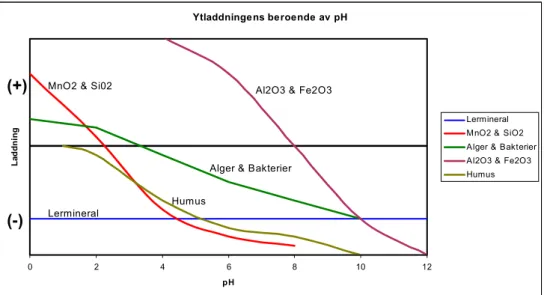 Figur 5. Semikvantitativ diagram av ytladdning som en funktion av pH för några vanliga ytor