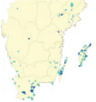Figur 11.  Förekomst av svartfläckig blåvinge i Sverige till och med 1990 (ljusblåa prickar) och efter 1990 (mörkblåa prickar)