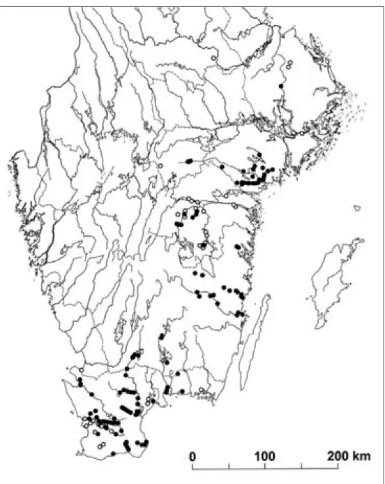 Figur 8. Utbredningen hos tjockskalig målarmussla i Sverige som den var känd t.o.m. 2006-04-30