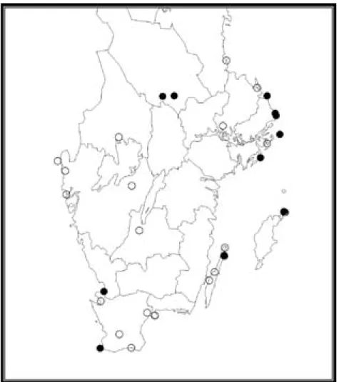 Figur 2. Svenska förekomster av dvärglåsbräken från 2000 till 2005 (fyllda cirklar) samt äldre loka- loka-ler (ofyllda cirklar).