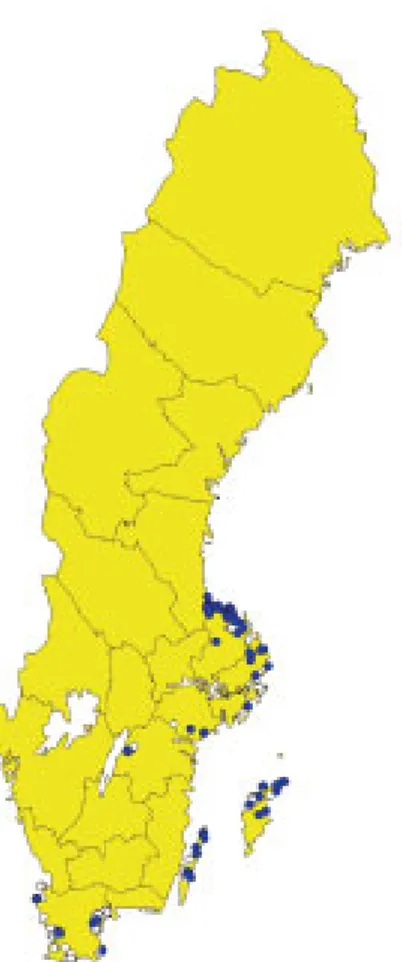 Figur 7. Karta över lokaler med gulyxne i Sverige. Ofyllda och fyllda ringar visar fynd före resp
