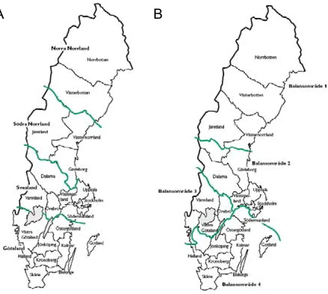 Figur 2. Indelning av Sverige i (A) länsdelar och (B) virkesbalansområden (enligt  Anon