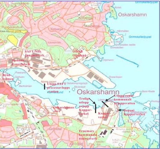 Figur 5.3. Oskarshamns hamn med fortfarande aktiva föroreningskällor. Ur Rosén, L., Grahn, L.;  Brodd, P