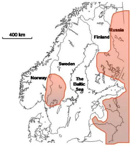 Figure 3. The breeding range of the isolated Scandinavian wolf population. Also denoted is  the range of the large continuous East European wolf population in Finland, Russia and The  Baltic states