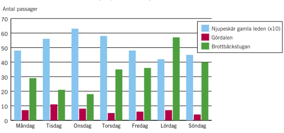 Figur 10. Genomsnittligt antal registreringar vid folkräknarna fördelat över veckans dagar (antalet passager 