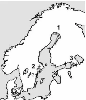 Fig. 3. Utbredningen för småsvalting (Alisma wahlenbergii). Områden där småsvalting förekommer markeras med streckade ytor