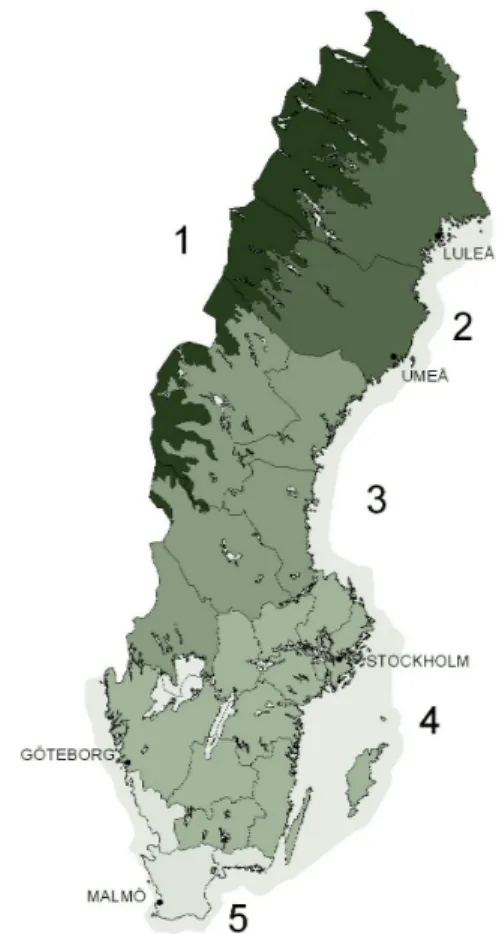 Tabell 5.2 Skogar med hög bonitet Region Trädslag SI (m)  2 Tall  22–  Gran 20–  3 Tall  26–  Gran 28–  4 Tall  28–  Gran 30–  5 Tall  28–  Gran 36–  46