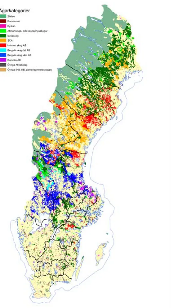 Figur 1.1  Markägare med mer än 1000 ha skog (februari 2004). Privata markägare redovisas 