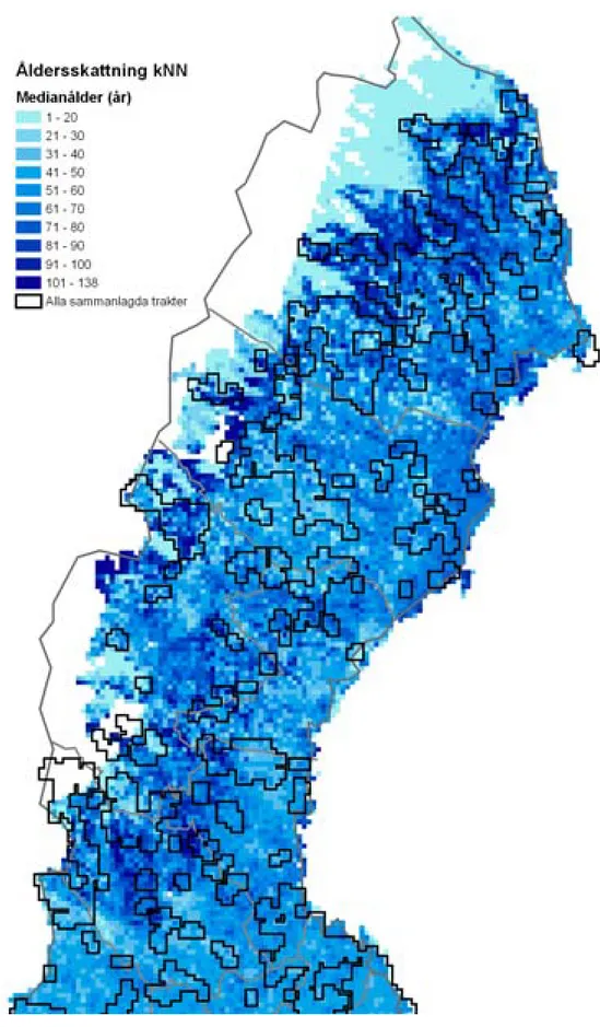 Figur 4.3  Medianålder per ekoruta beräknad utirån kNN-skattningen och det sammanlagda  traktförslaget för de översiktliga skogstyperna